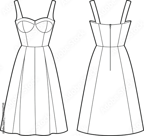 Sleeveless midi dress CAD sketch, bustier top design, technical fashion flat drawing, front and back view, vector template illustration