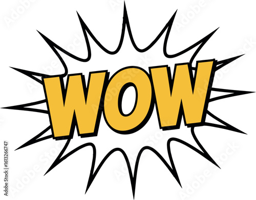 A comic book style wow explosion with yellow text and a blue burst on a white background space