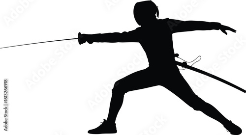 Dynamic silhouette of a fencer in action holding a sword in a defensive stance silhouette