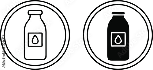 Icons Contains Lactose. Black and White Vector Icons of Bottles with Milk. Allergen Food Ingredient. Label, Logo For Dairy Products
