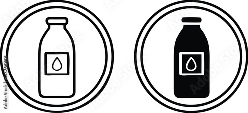 Icons Contains Lactose. Black and White Vector Icons of Bottles with Milk. Allergen Food Ingredient. Label, Logo For Dairy Products

