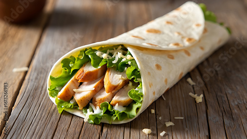 A fresh and delicious grilled chicken Caesar wrap with crisp lettuce and parmesan cheese in a soft tortilla, resting on a rustic wooden table.