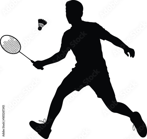 Dynamic silhouette of a male badminton player in action hitting a shuttlecock with a racket