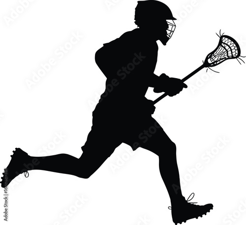 Dynamic silhouette of a male lacrosse player running with stick during a game