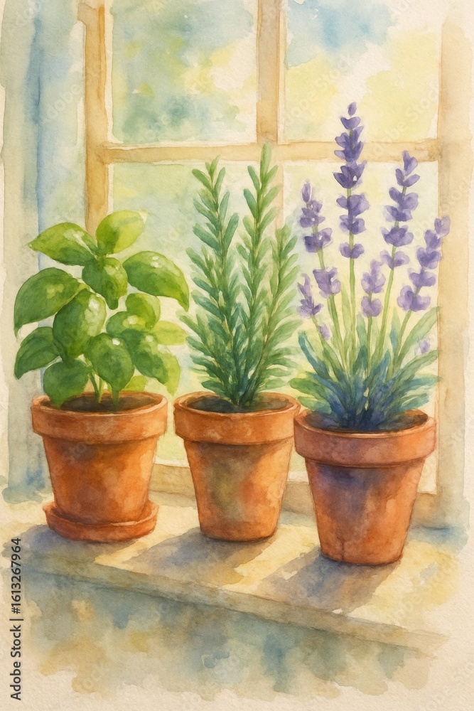 Fototapeta premium Watercolor painting of basil, rosemary, and lavender in terracotta pots on a sunny windowsill.
