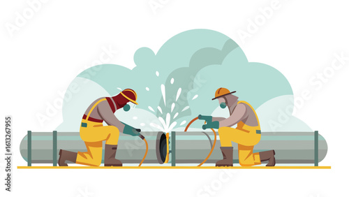 Two workers welding a pipe with protective gear and sparks flying in a stylized illustration
