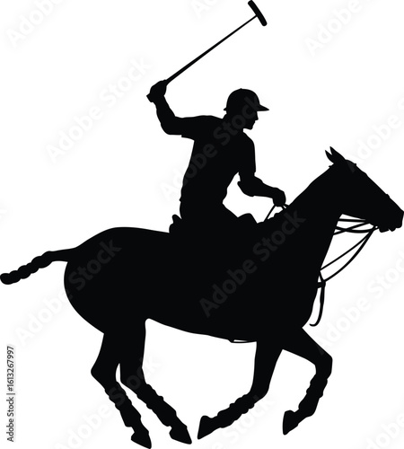 Dynamic silhouette of a polo player on horseback swinging a mallet during a game(2)