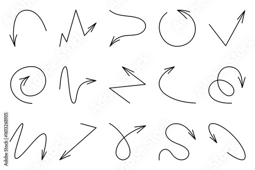A set of vector arrows. The image includes various shapes and directions of arrows drawn in black lines on a white background, in a simple, graphic style.