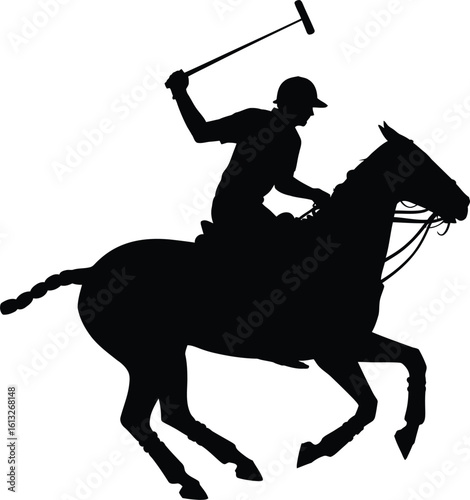 Dynamic silhouette of a polo player on horseback swinging a mallet during a game