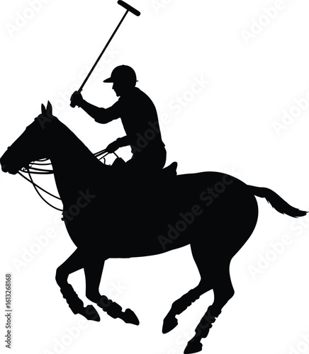 Dynamic silhouette of a polo player on horseback swinging a mallet during a match