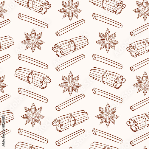 Line art style cinnamon stick and star anise seamless pattern. Perfect for spice package shop, cafe menu design.
