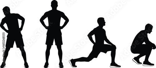 Silhouette of men doing stretching exercises, workout poses, physical activity routine, fitness illustration, health concept, wellness, athletic movement design