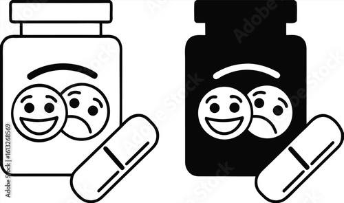 Antidepressant Icons. Black and White Vector Illustration. Psychotropic Drugs for Treating Depression and Other Mental Illnesses. Psychology Concept
