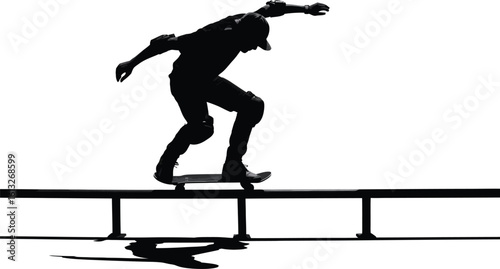 Dynamic silhouette of a skateboarder performing a trick on a rail against a bright white background