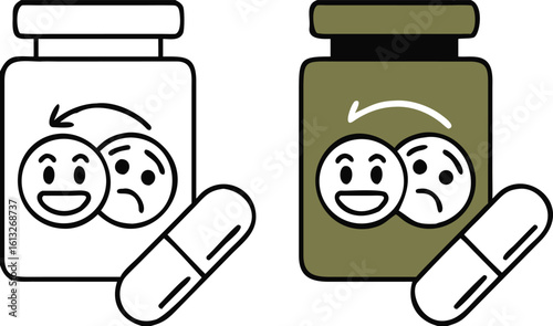 Antidepressant Icons. Black and White Vector Illustration. Psychotropic Drugs for Treating Depression and Other Mental Illnesses. Psychology Concept
