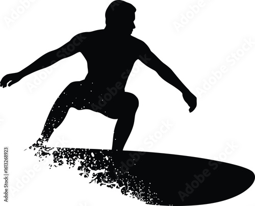 Dynamic silhouette of a surfer riding a wave with spray in a black and white style