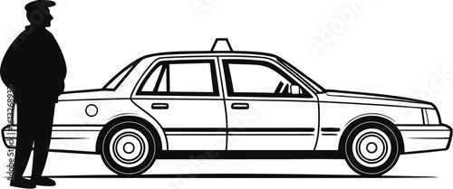 Taxi Driver Line Art – Man Standing Next to Vintage Cab Illustration