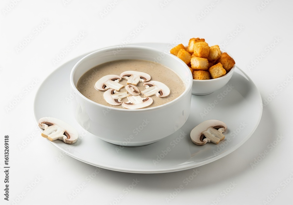 Creamy Mushroom Soup with Croutons and Fresh Sliced Mushrooms Creamy Mushroom Soup with Croutons and Fresh Sliced Mushrooms