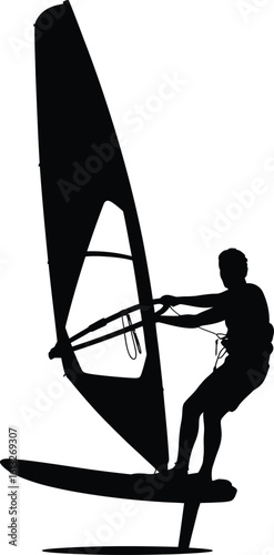 Dynamic silhouette of a windsurfer gracefully riding a wave on a sunny day silhouette
