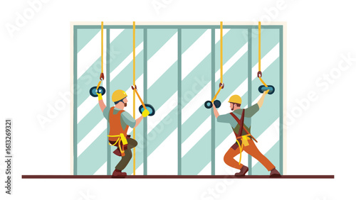 Two workers installing large glass panels with suction cups and safety harnesses on a building facade