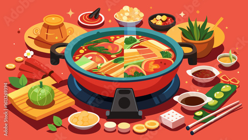 Vibrant illustration of a hot pot meal with various ingredients and dipping sauces