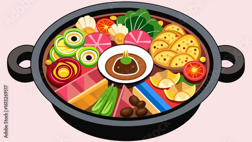 Colorful hot pot meal with diverse ingredients and dipping sauce