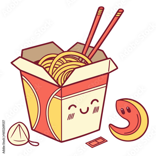 Cute kawaii noodle box with chopsticks and dumpling