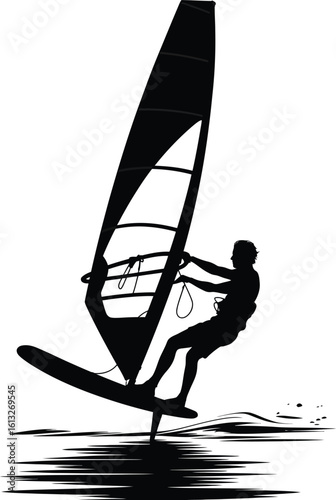 Dynamic silhouette of a windsurfer skillfully riding a board on the water catching the wind