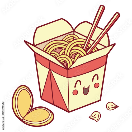 Cute kawaii noodle box with chopsticks and garnish