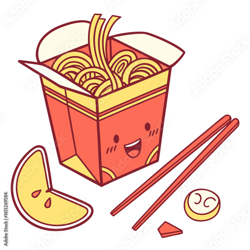 Happy noodle box with chopsticks and lemon slice