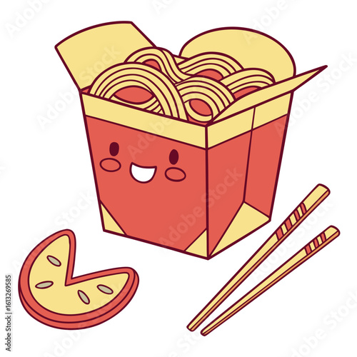 Cute kawaii noodle box with chopsticks and fortune cookie