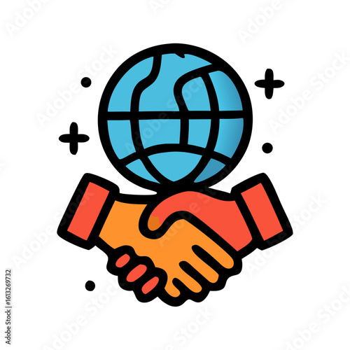Global network connections depicted through a handshake and vibrant blue globe icon. Suitable for technology and globalization concepts. Iconic handshake world connection.