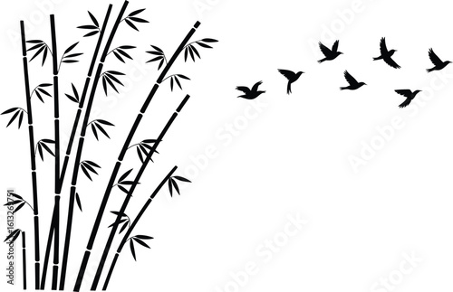 Elegant black silhouette of bamboo stalks with flying birds against a white background
