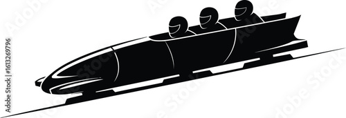 Dynamic three person bobsled team racing down icy track in a striking black silhouette