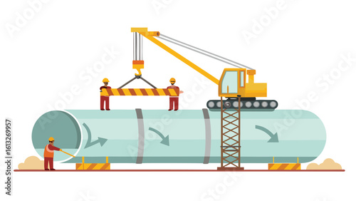 Workers installing a large pipe with the help of a crane and using tools for alignment process on site