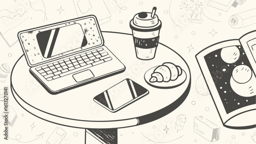 Illustration of a laptop, coffee, croissant, phone, and magazine on a round table top view