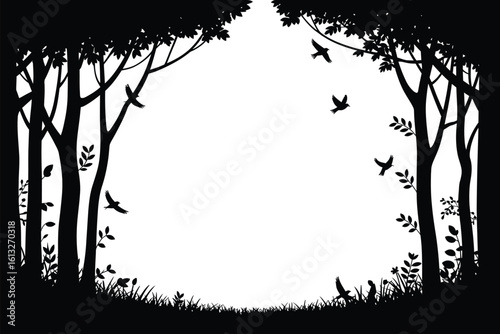 Enchanted forest clearing with flying birds and lush foliage in a striking black silhouette