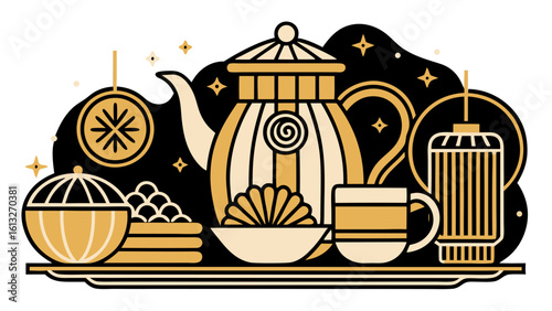 Stylized tea set and snacks on a black background