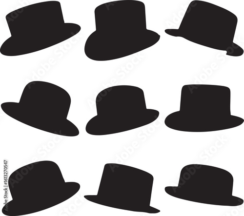 Black bowler hats in various orientations headwear