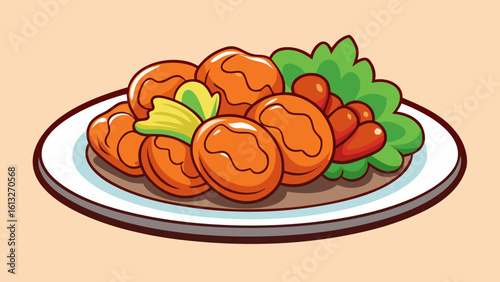 Delicious cartoon illustration of fried chicken nuggets on a plate with garnish