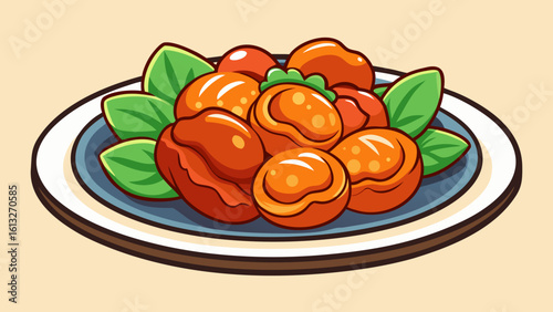 Delicious cartoon style meatballs with fresh basil on a plate