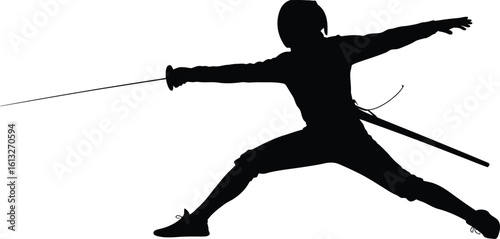 Fencer in action with sword extended in a dynamic pose showcasing athletic movement silhouette