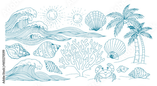 Summer Vacation Hand-drawn Elements: Ocean Waves, Seashells, Palm Trees, and Crab Sketch Vector Graphics