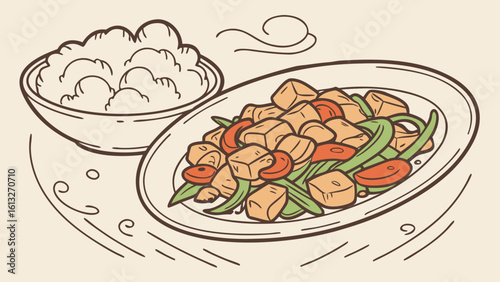 Delicious tofu stir fry with rice illustration