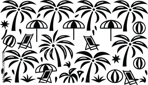 Black and white graphic pattern of tropical beach elements including palm trees beach chairs umbrellas and striped balls