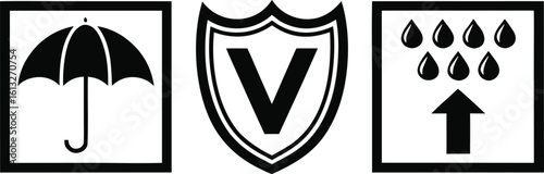 Black and white icons for packaging fragile items including an umbrella symbol a shield with a V and raindrops with an upward arrow
