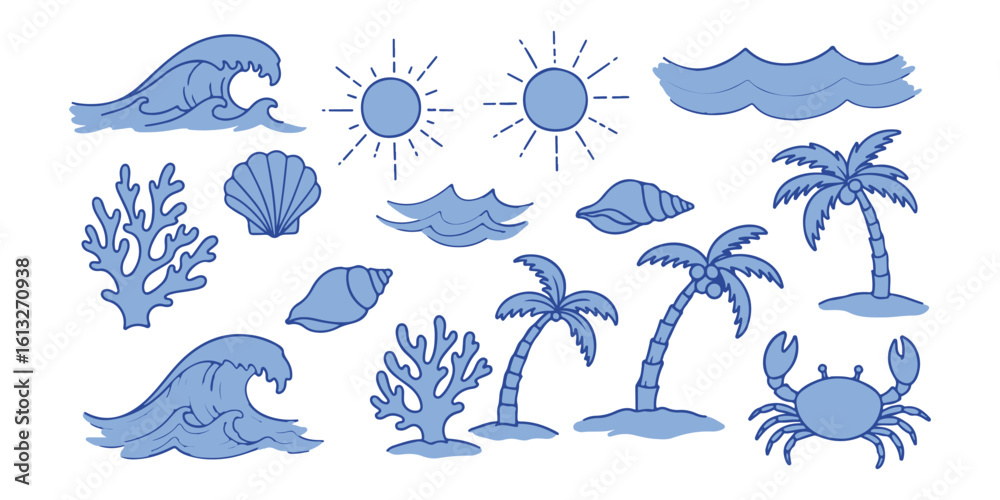 Fototapeta premium Summer Vacation Vector Illustration Featuring Ocean Waves Sun Palm Trees and Sea Life in a Light Blue Hue Perfect for Beach Themed Designs