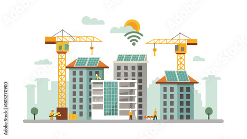 Illustration of construction site with buildings, cranes, solar panels, and workers in daylight