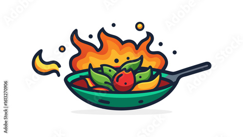 Flames engulf a delicious stir fry in a wok