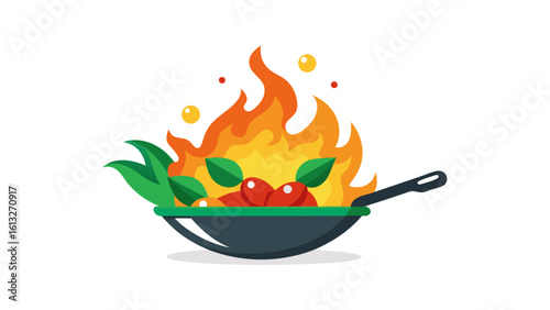 Spicy food cooking in a wok with flames